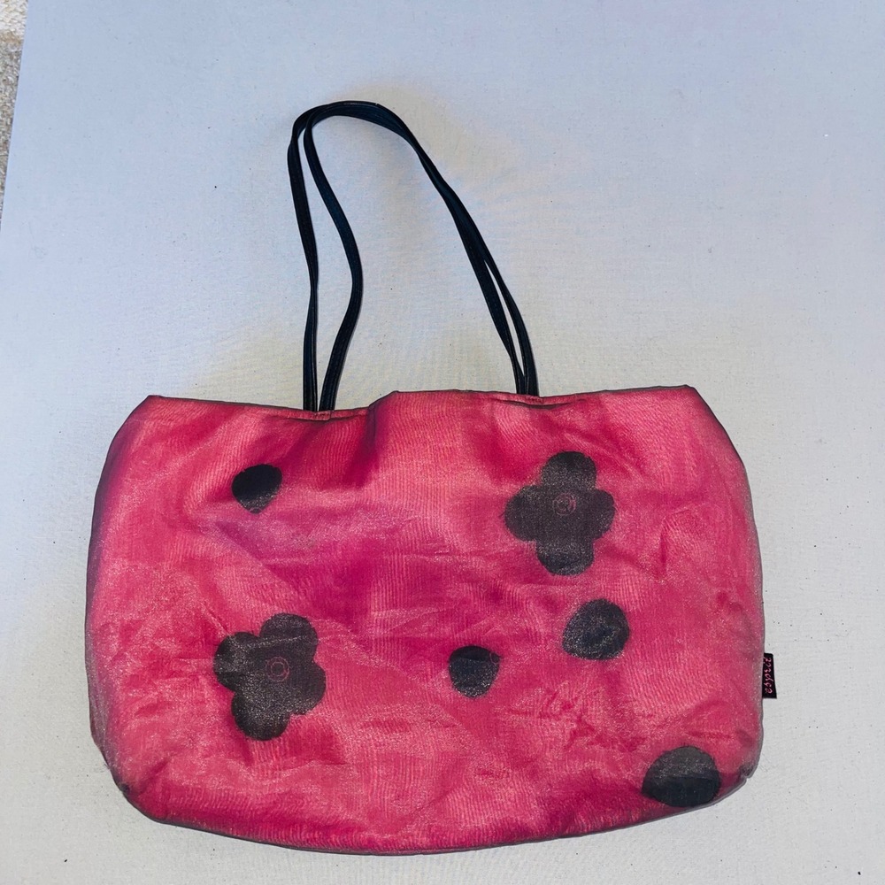 Esprit Floral Polka Dot Tote Bag Mesh Pink Black Silver-Tone Hardware